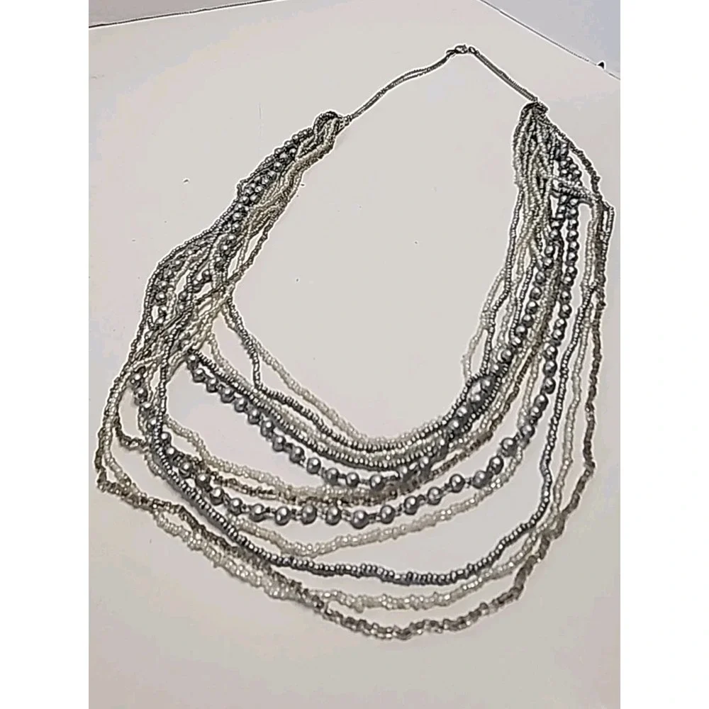 Mutli-Strand Layered Bib Necklace Silver Tones‎ W/ Glass Seed Beads 30